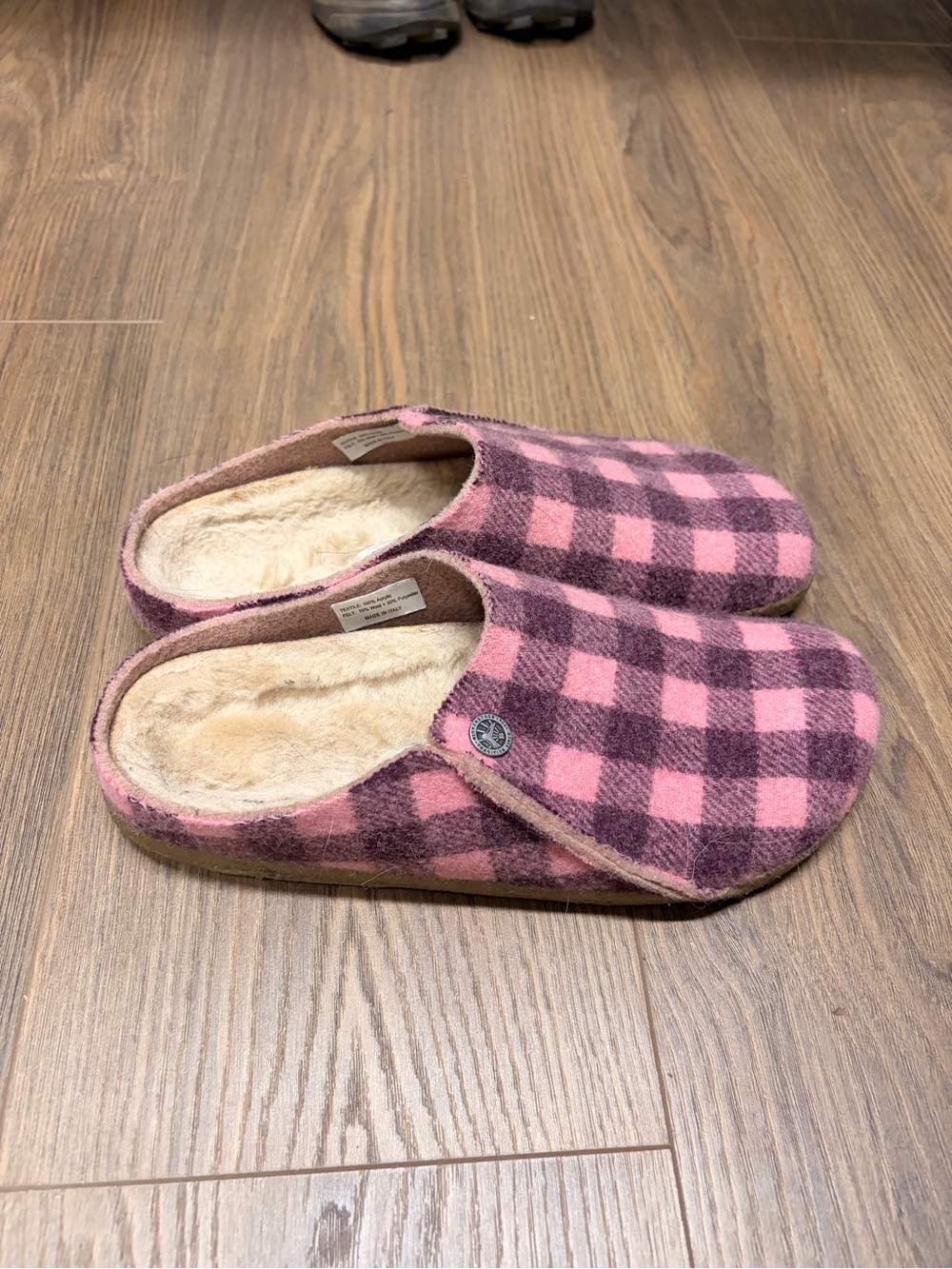 Birkenstock Pink and Plum Plaid Wool Clogs with Shearling Lining - Picture 2 of 3